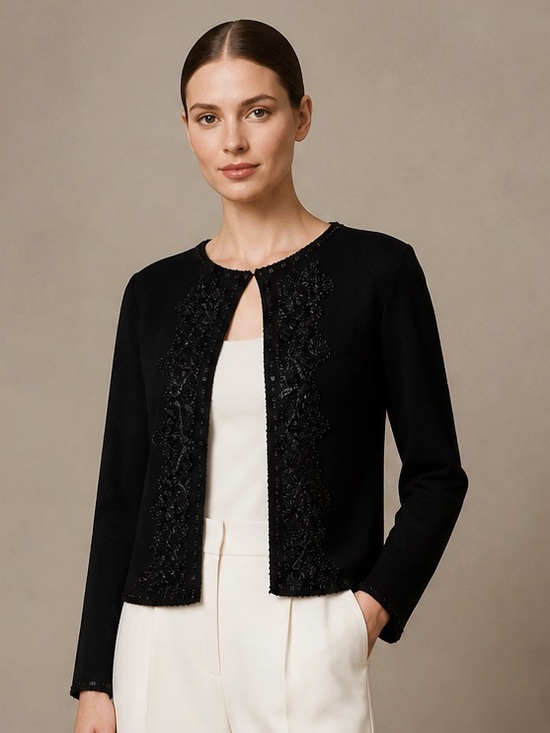 Brooks Brothers Sweaters - BROOKS BROTHERS Open Front Sweater Fine Merino Italian Wool Hand Beaded Black XS